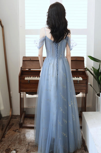 Blue tulle beads long A line prom dress evening dress  8713