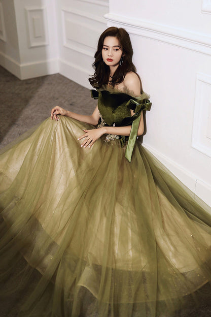 Green tulle long A line prom dress evening dress  8786