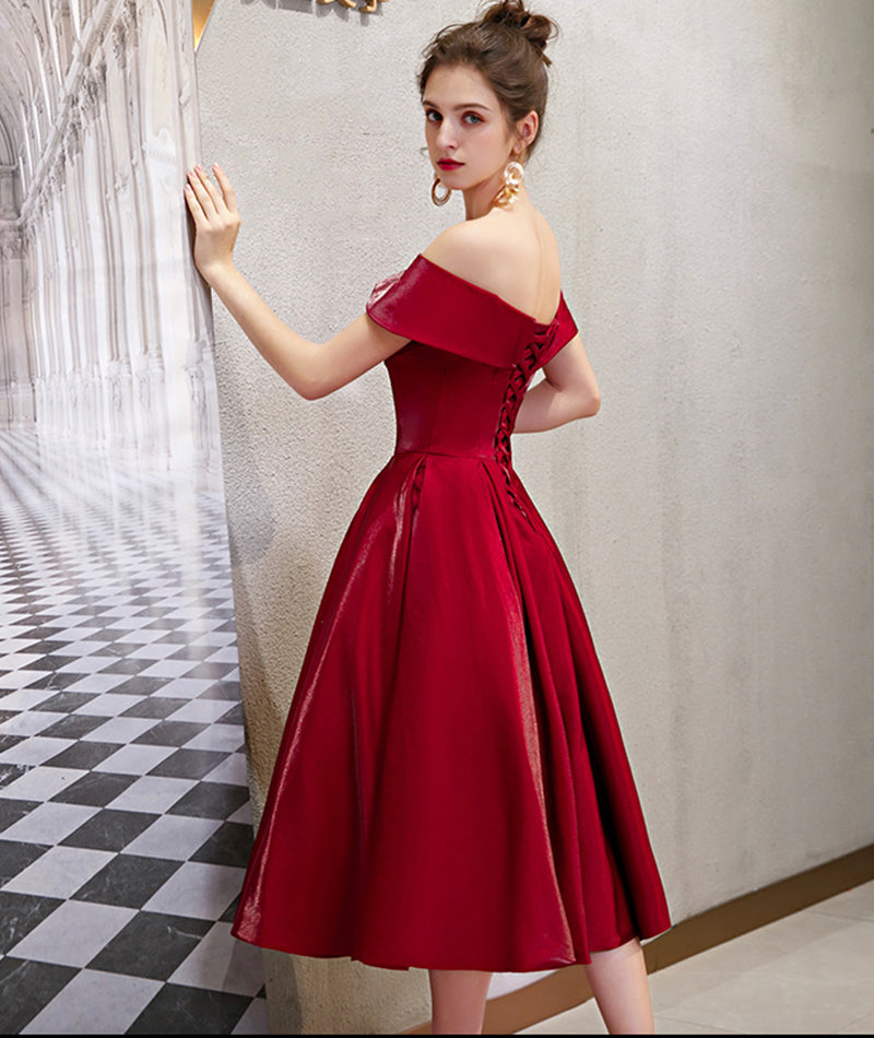 Cute satin short prom dress burgundy party dress  8393