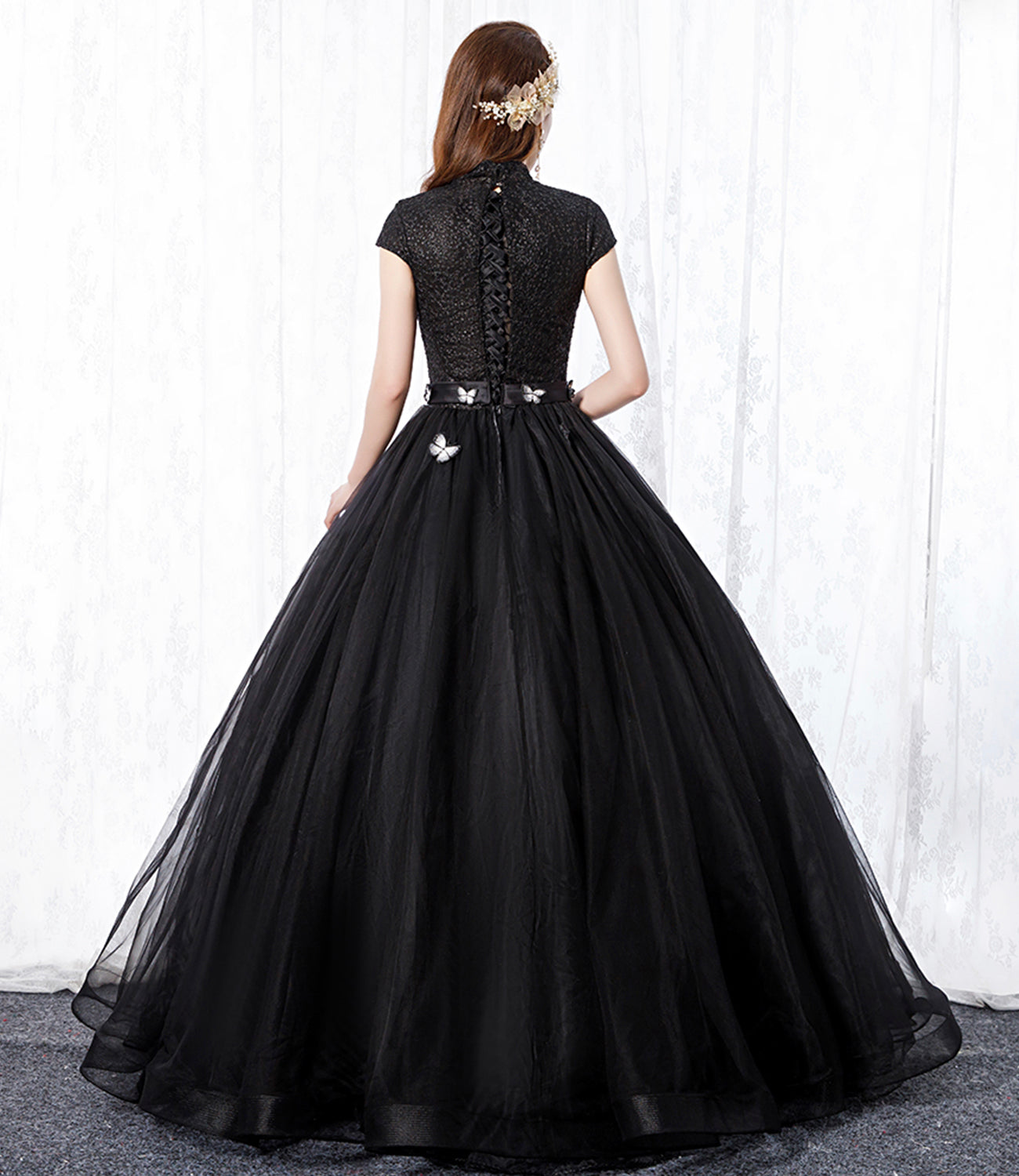 Black tulle long A line ball gown dress formal dress  8650