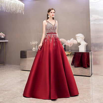 High quality v neck beads long prom dress red evening dress  8525