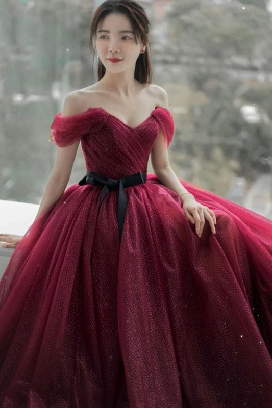 Burgundy tulle long A line prom dress evening dress  8856