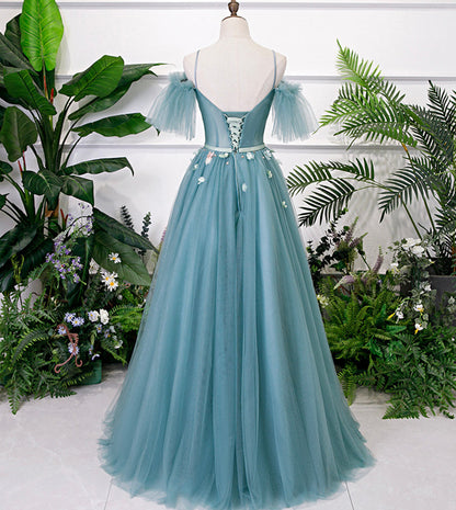 Blue v neck lace long prom gown blue evening dress  8530