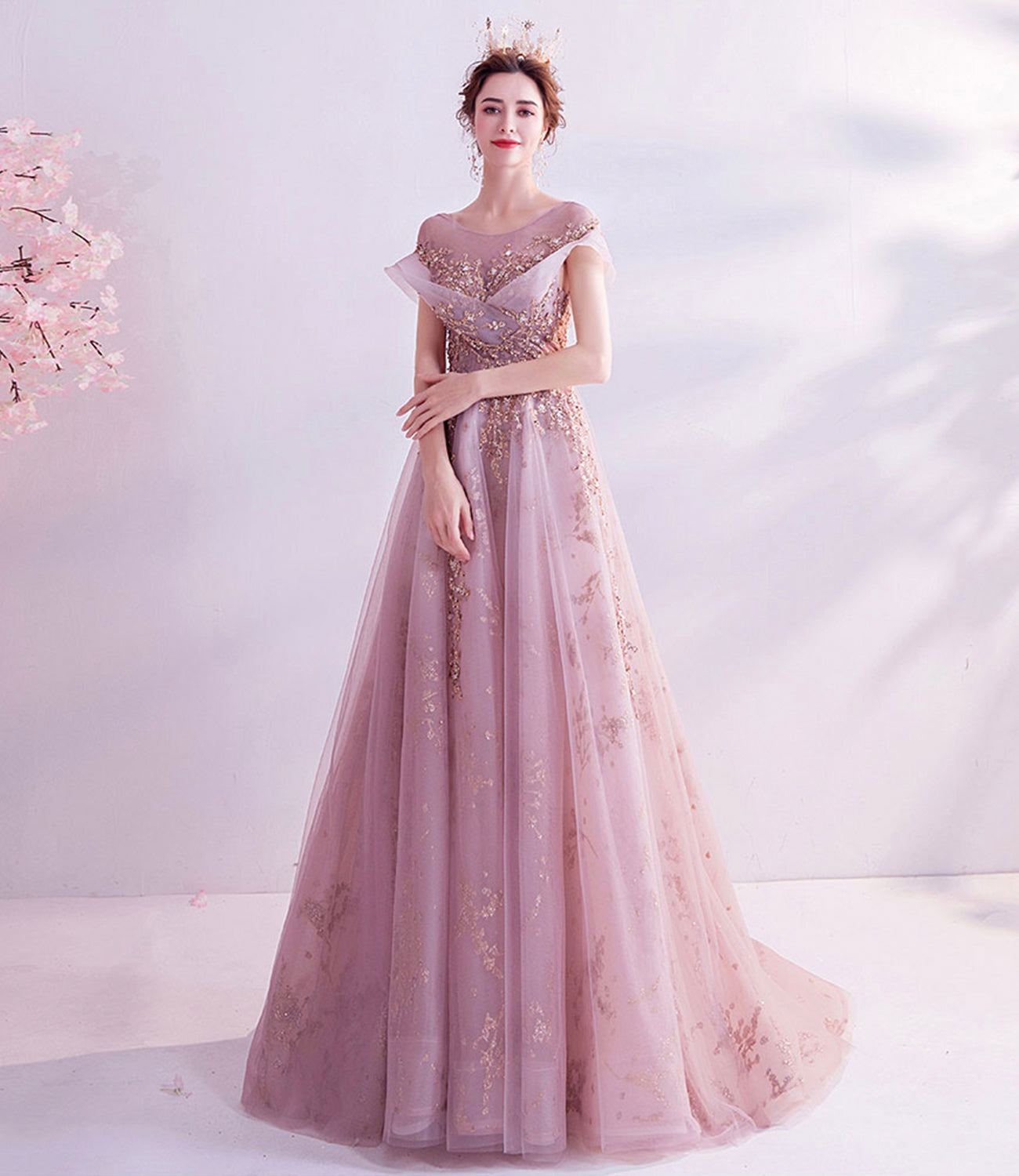 Pink tulle sequins long A line prom dress evening dress  8921