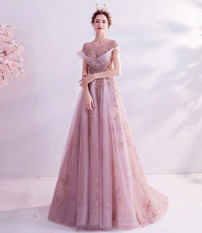 Pink tulle sequins long A line prom dress evening dress  8921