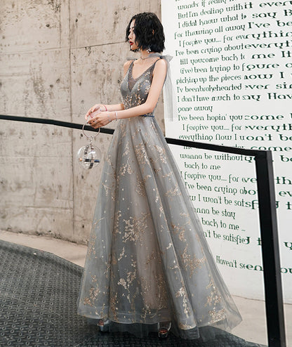 Gray Fashion Elegant V-neck Sequined Long Tulle Ball Gown Evening Dress Ball Gown 8490