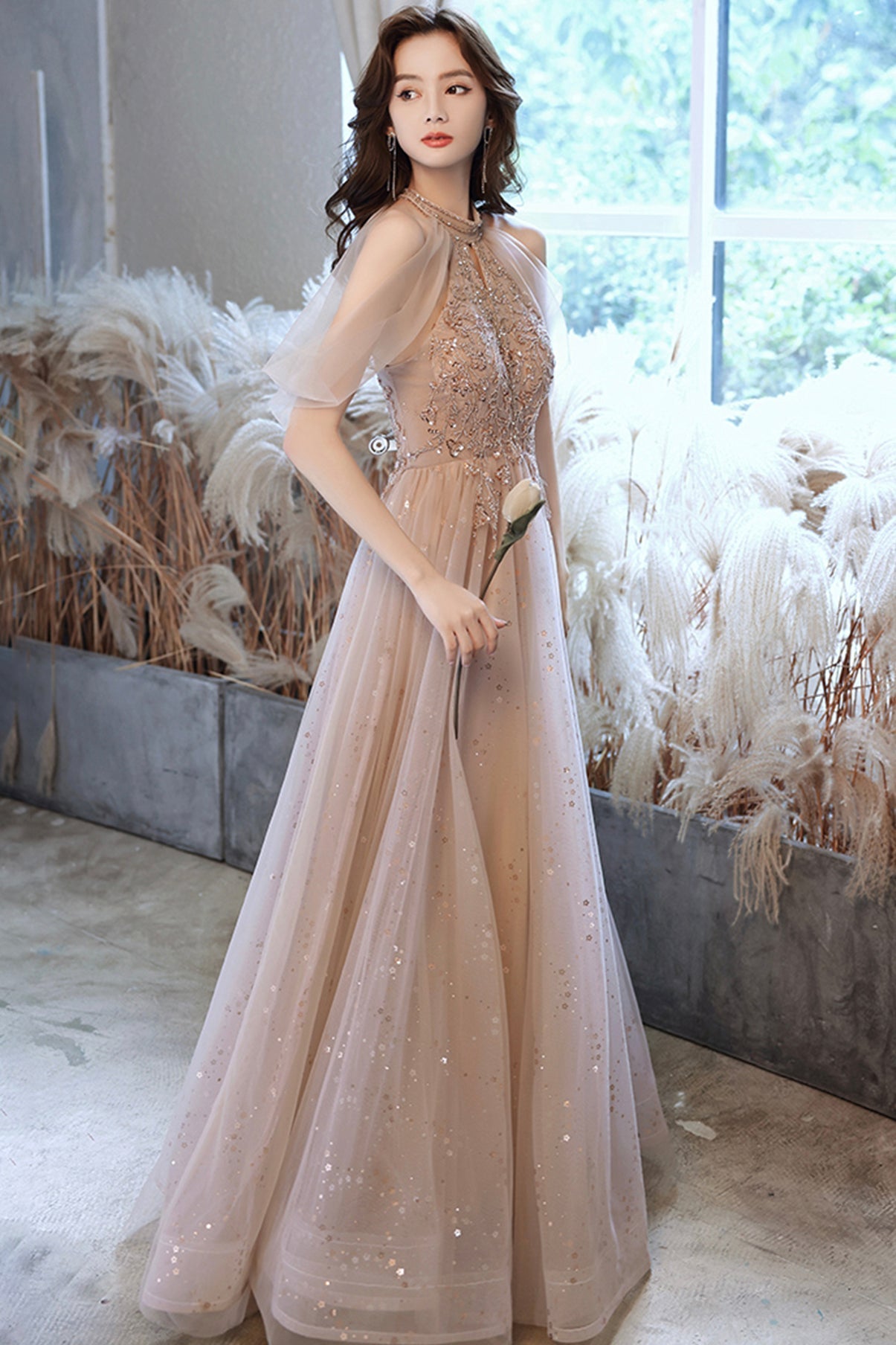 Champagne tulle sequins long A line prom dress evening dress  8683