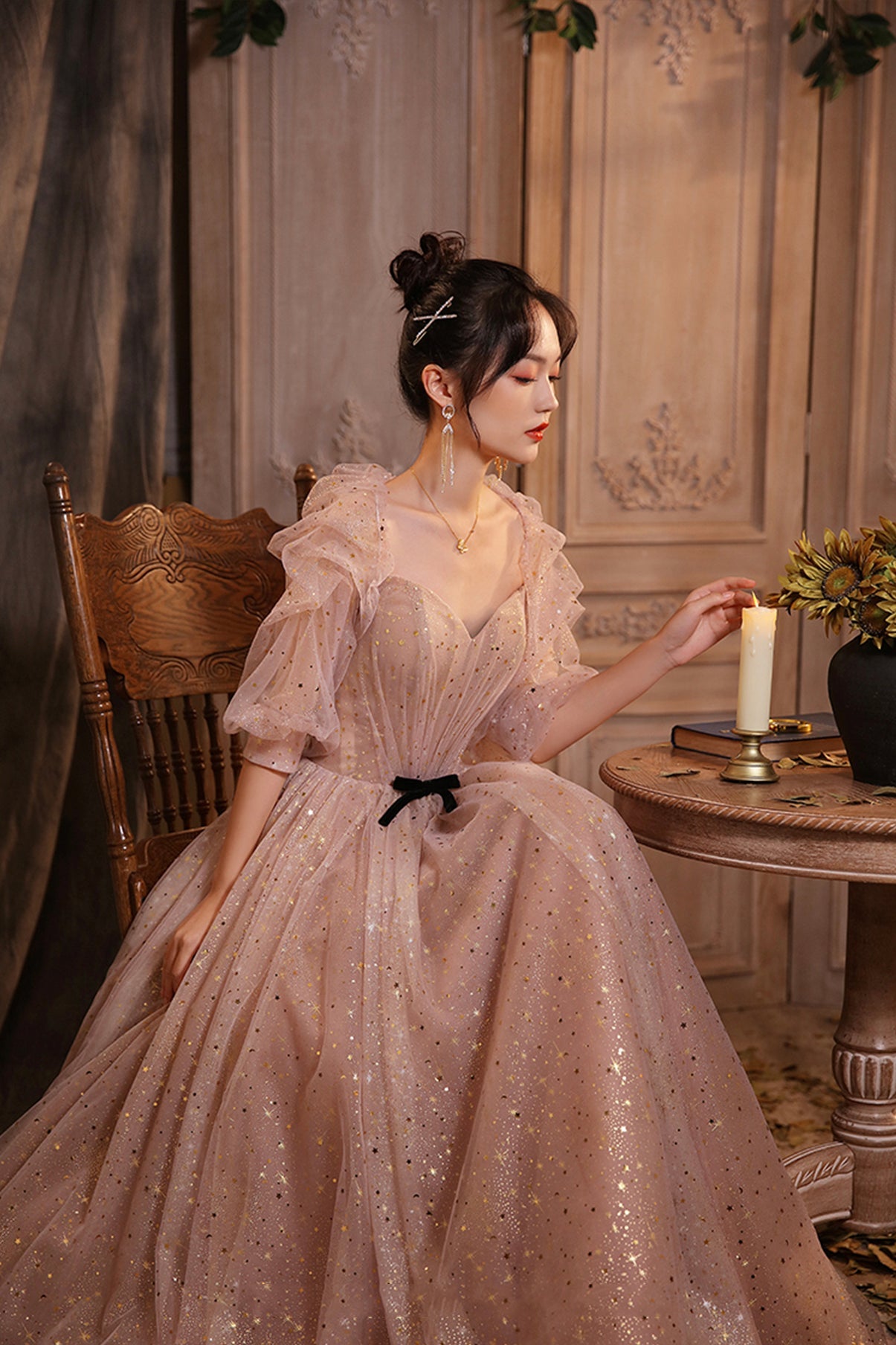 Cute tulle long A line prom dress evening dress  8697