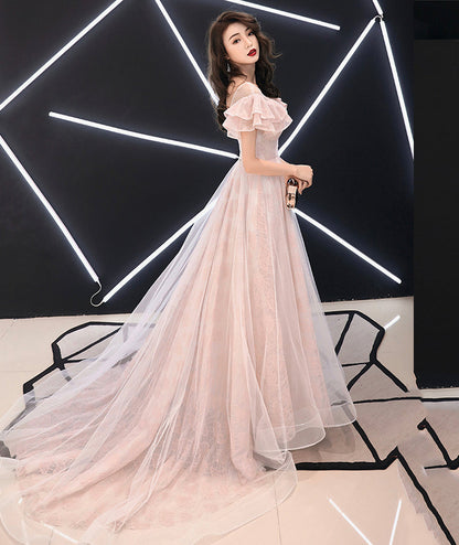 Pink lace tulle long prom dress pink evening dress  8372