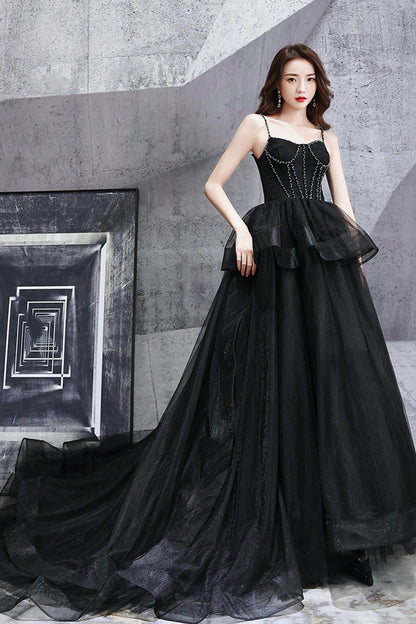 Black tulle long ball gown dress black evening dress  8665