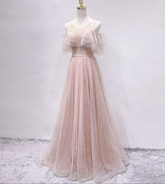 Pink sequins tulle long prom dress  8175