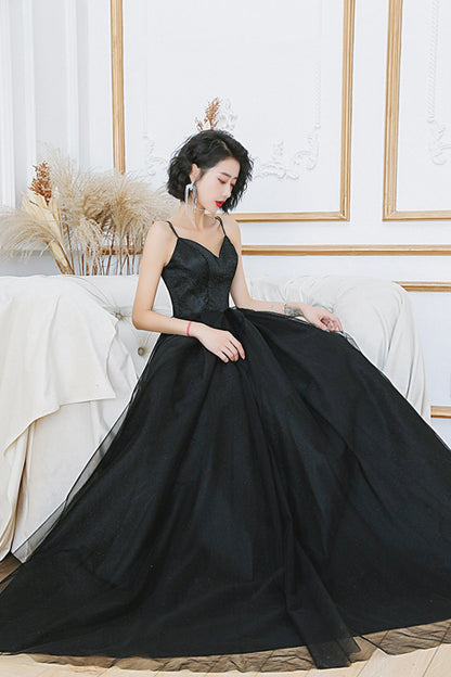 Black tulle long A line prom dress evening dress  8673