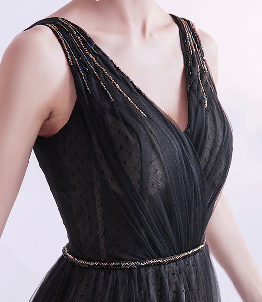 Black v neck tulle beads prom dress evening dress  8519
