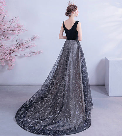 Black velvet sequins long prom dress formal dress  8450