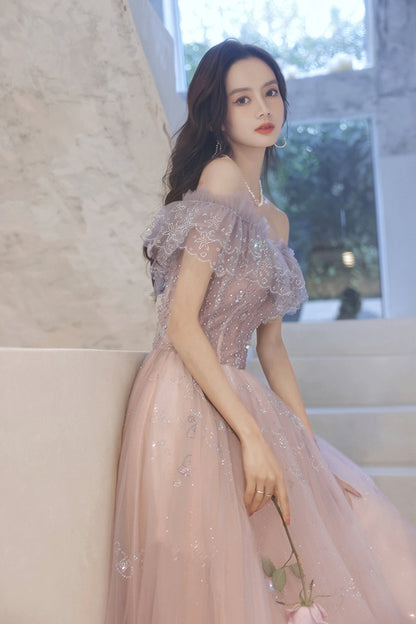 Cute tulle sequins long prom dress evening dress  8643