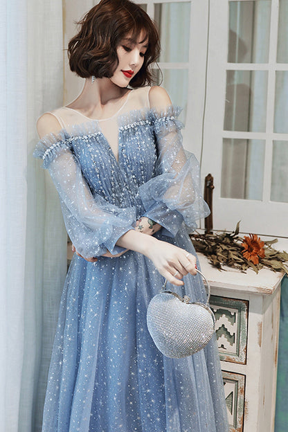 Blue tulle long A line prom dress blue evening dress  8759