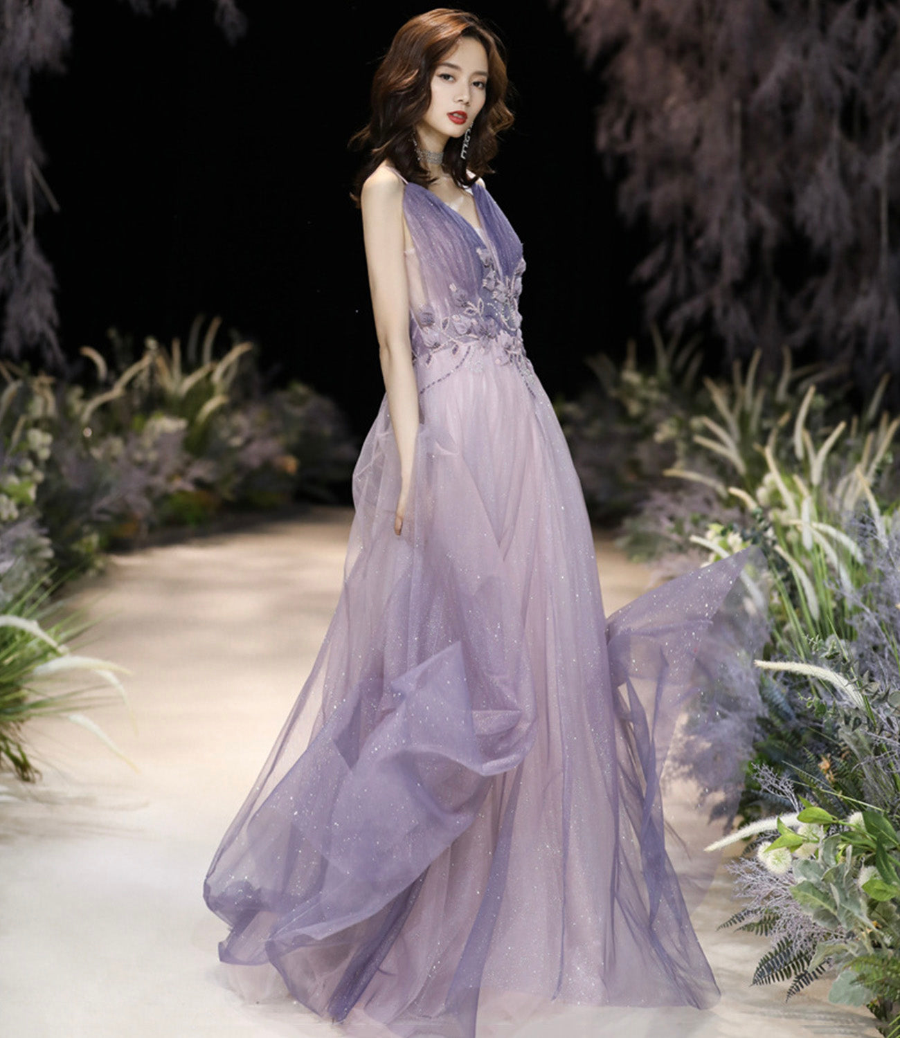Purple tulle long A line prom dress purple evening dress  8926