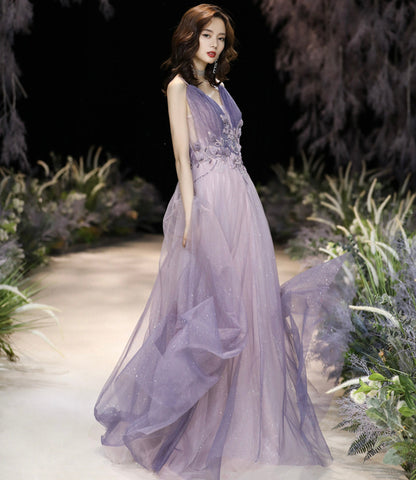 Purple tulle long A line prom dress purple evening dress  8926