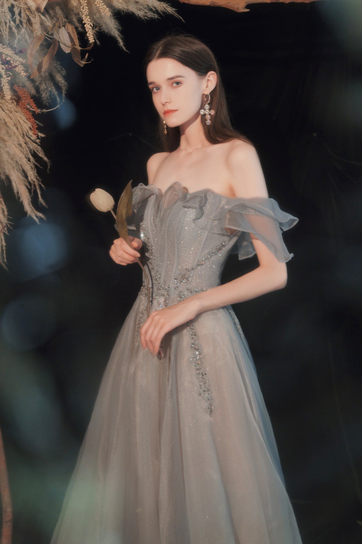 Shiny tulle long prom dress A line evening dress  8593