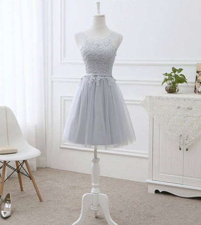Gray tulle lace prom dress A line evening dress  8442