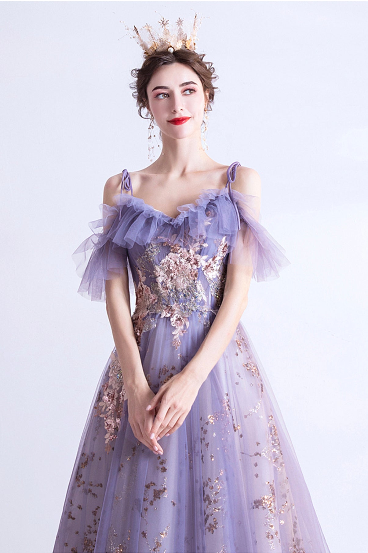 Purple tulle sequins long A line prom dress evening dress  8750