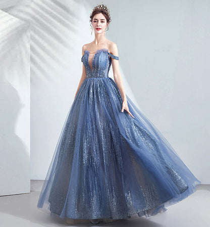 Blue tulle sequins long prom dress evening dress  8433