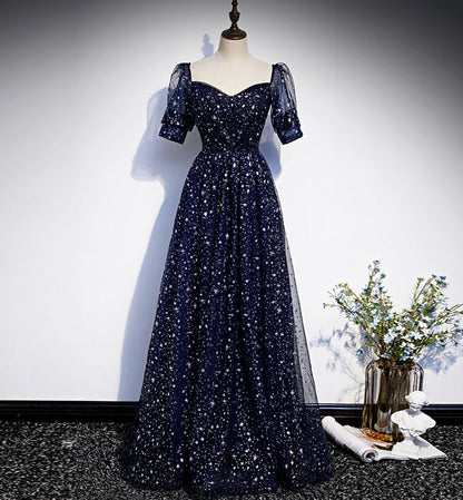 Blue tulle long prom dress blue evening dress  8425