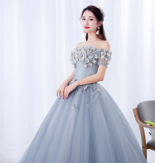 A line tulle applique long prom dress evening dress  8625