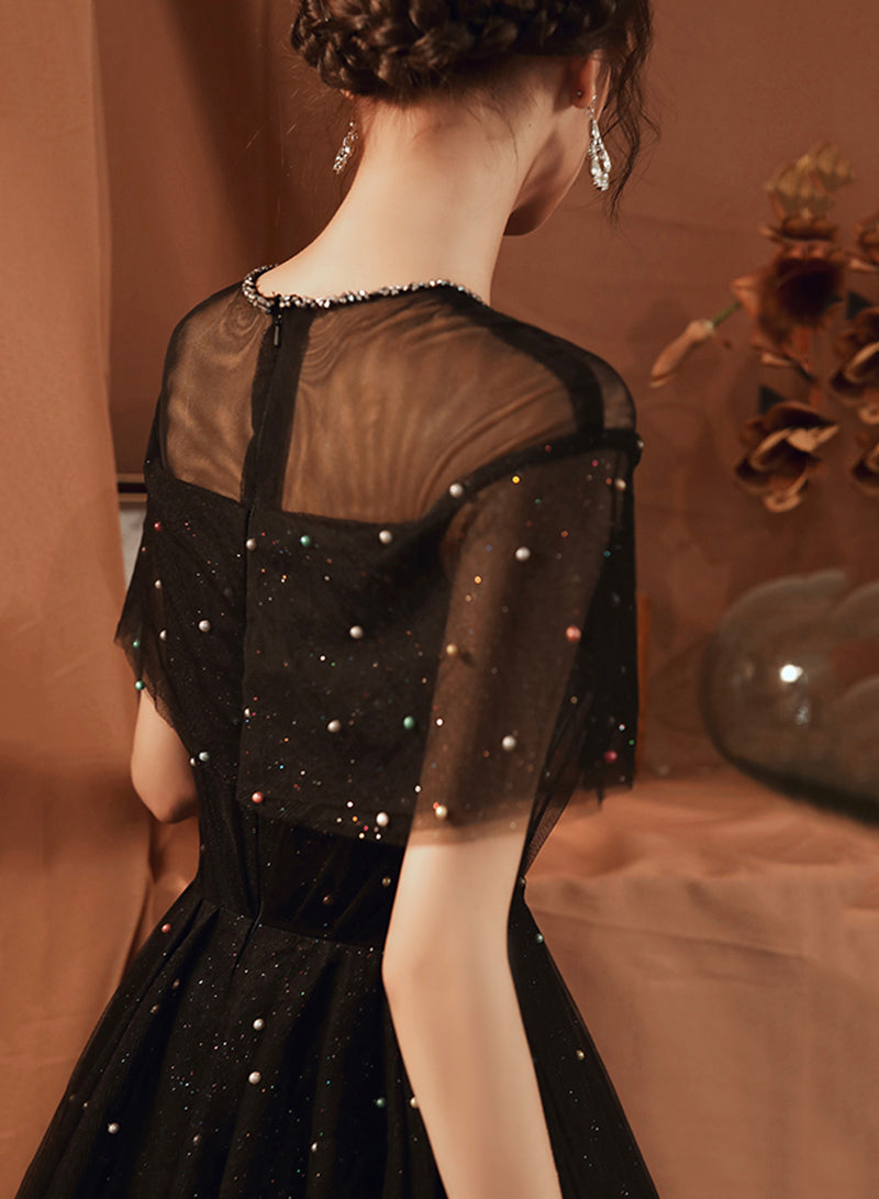 Black A line tulle long prom dress black evening dress  8559