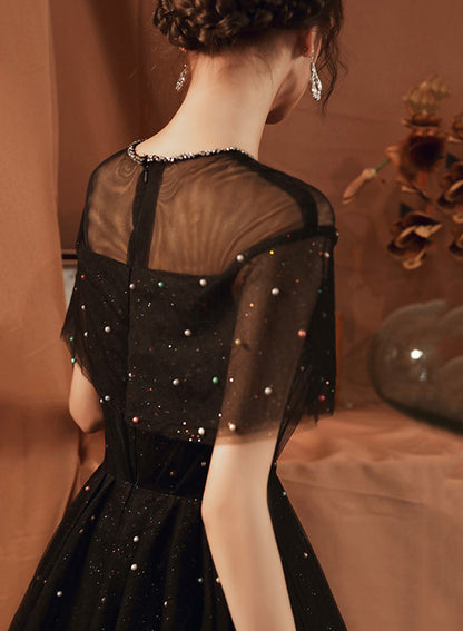 Black A line tulle long prom dress black evening dress  8559