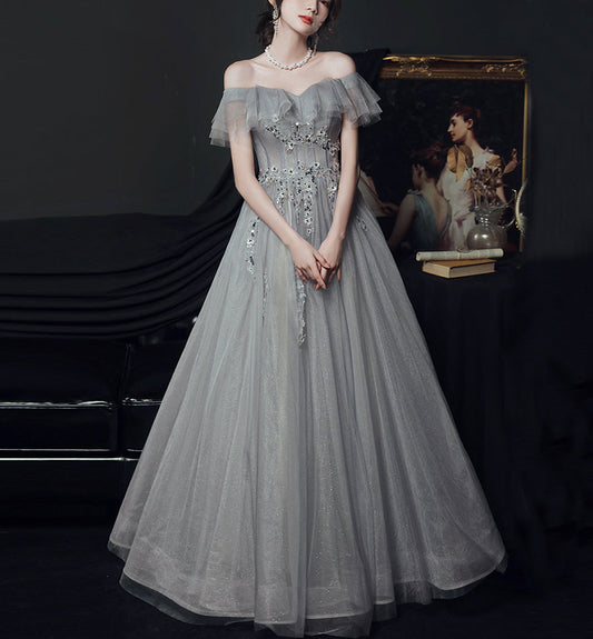 Gray tulle lace long prom dress evening dress  8436