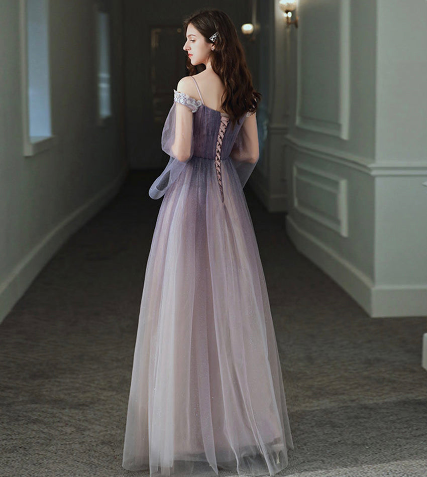 Purple tulle lace long prom dress purple evening dress  8538