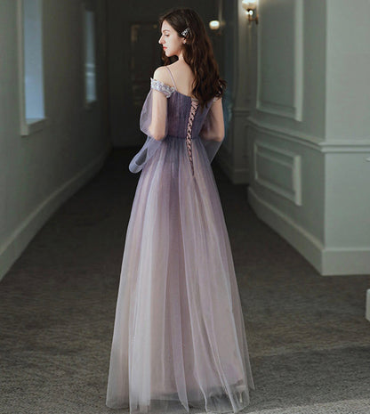 Purple tulle lace long prom dress purple evening dress  8538