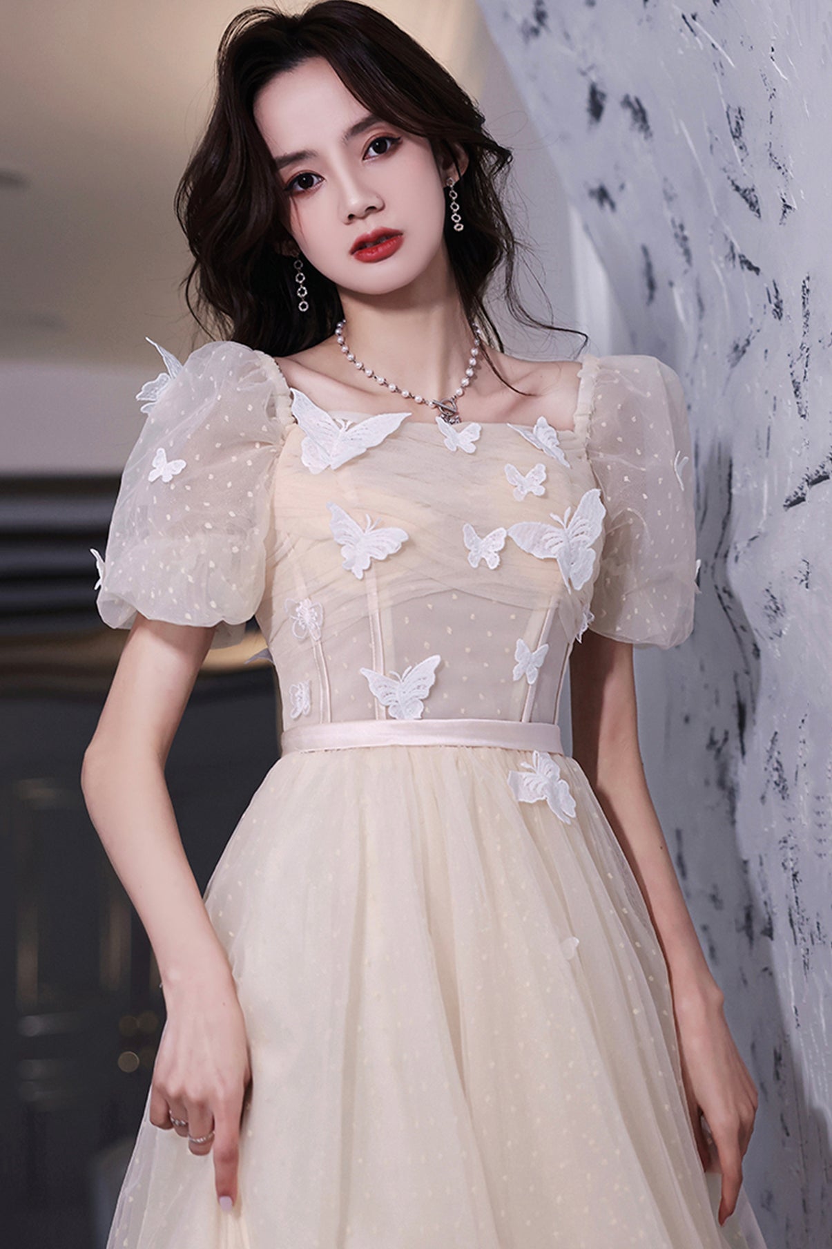 Champagne tulle short prom dress party dress  8671