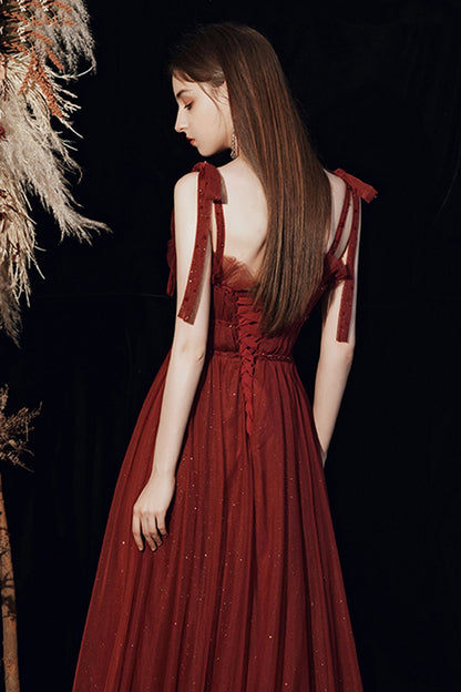 Burgundy tulle long A line prom dress evening dress  8571