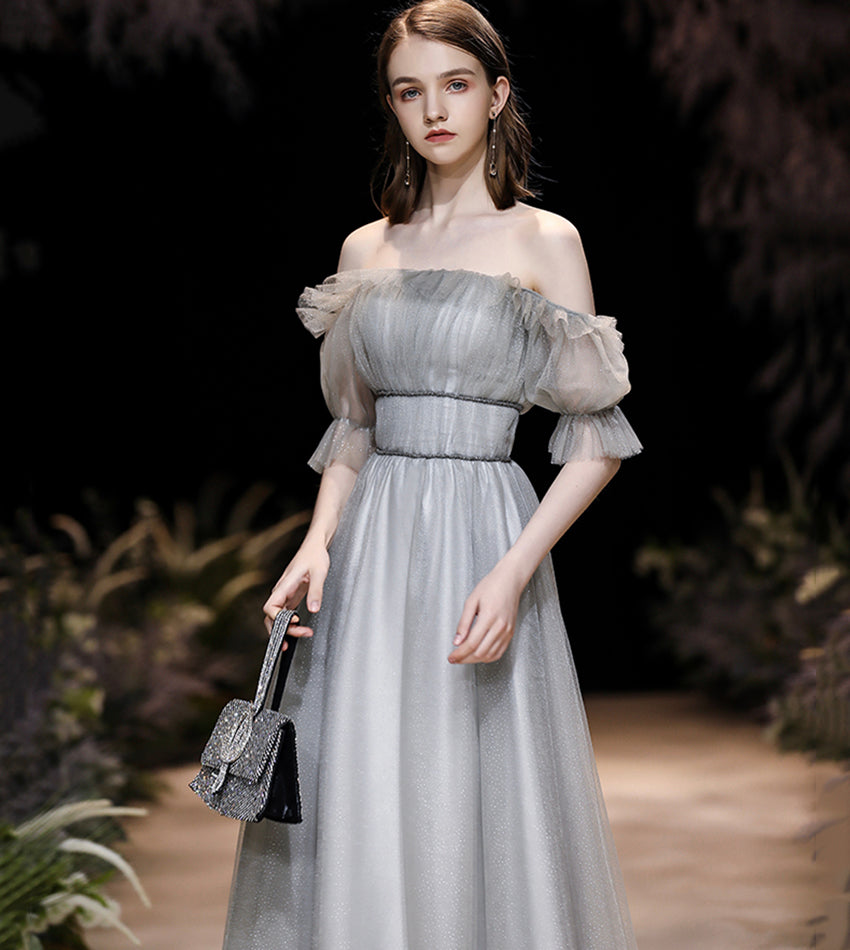 Grey tulle long prom dress grey evening dress  8557