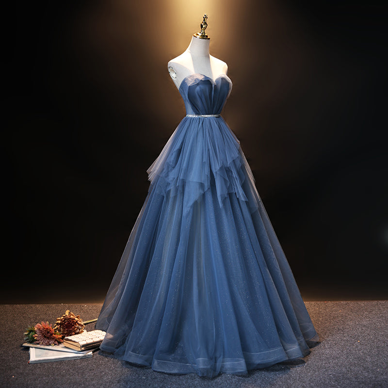 Blue tulle long A line prom dress blue evening dress  8909