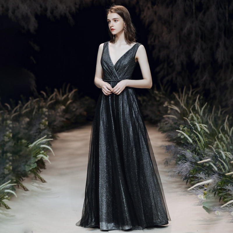 Shiny black v neck tulle long prom dress  8200
