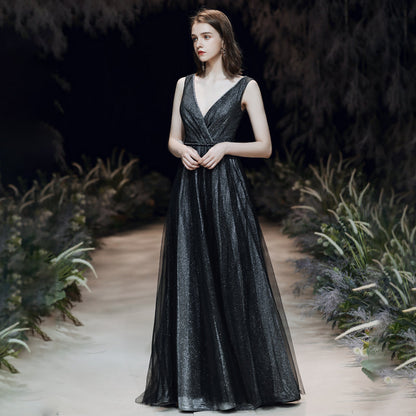 Shiny black v neck tulle long prom dress  8200