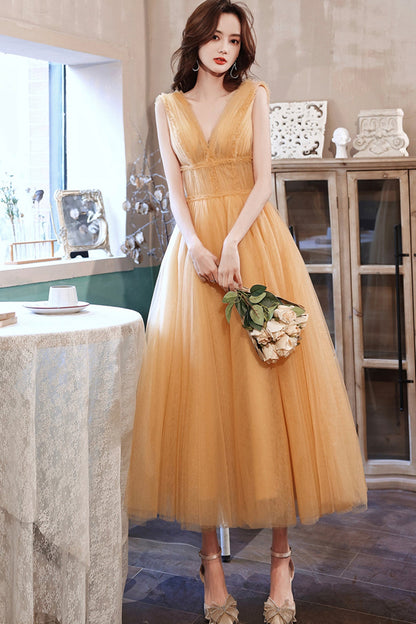 Yellow tulle tea length prom dress evening dress  8780