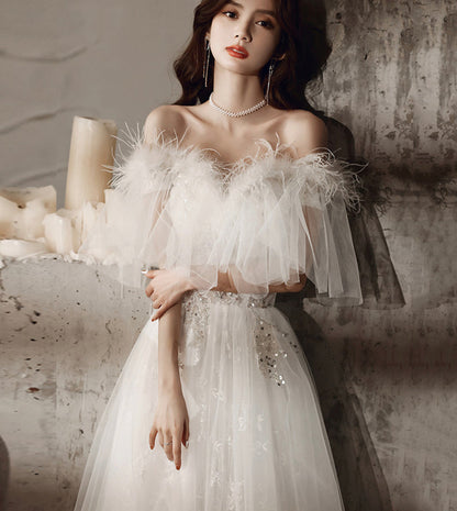 Unique tulle sequins long prom dress white evening dress 8534