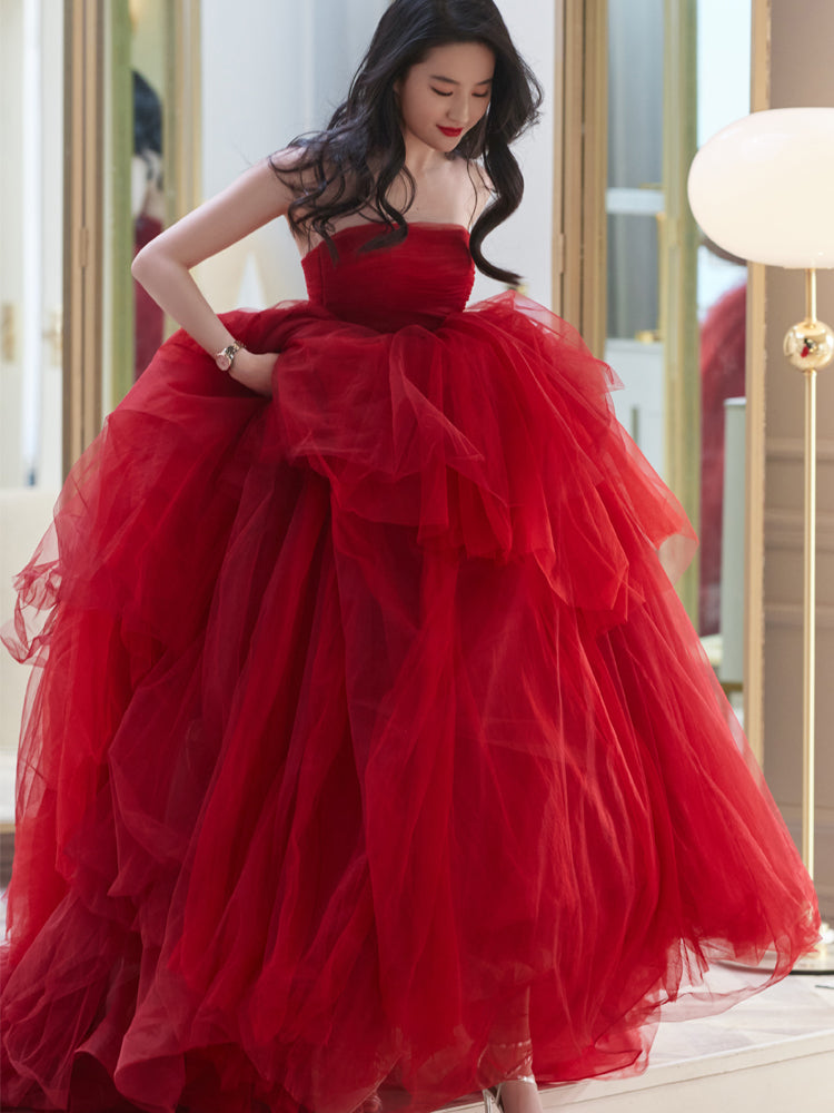 Red tulle long A line prom dress red evening dress  8902
