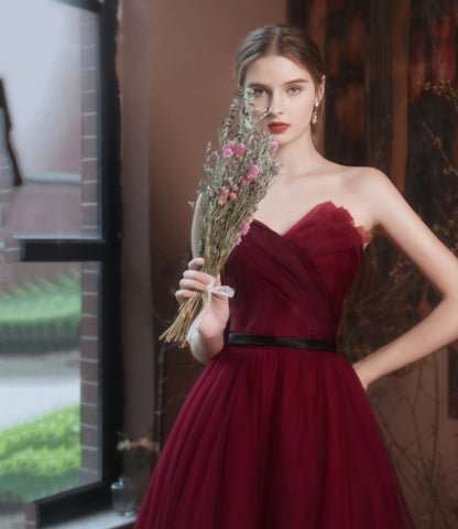 Burgundy off shoulder long A line prom dress evening dress  8797