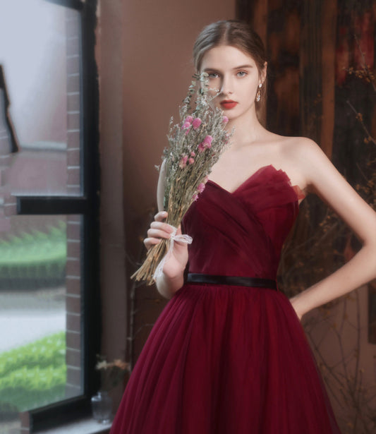 Burgundy off shoulder long A line prom dress evening dress  8797