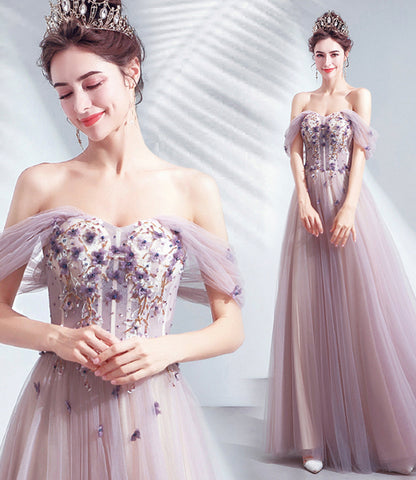 Cute tulle applique long A line prom dress evening dress  8730