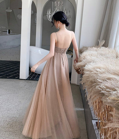 A line v neck tulle long prom dress evening dress  8421
