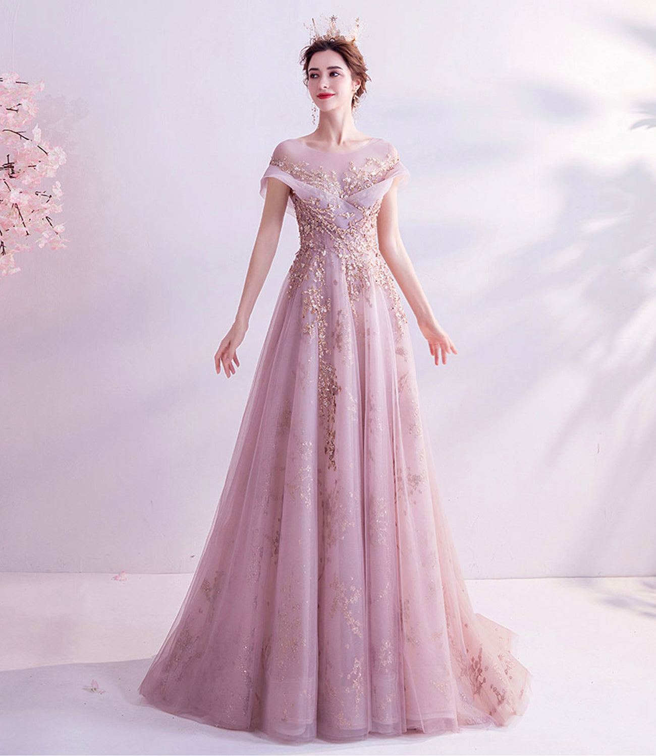Pink tulle sequins long A line prom dress evening dress  8921