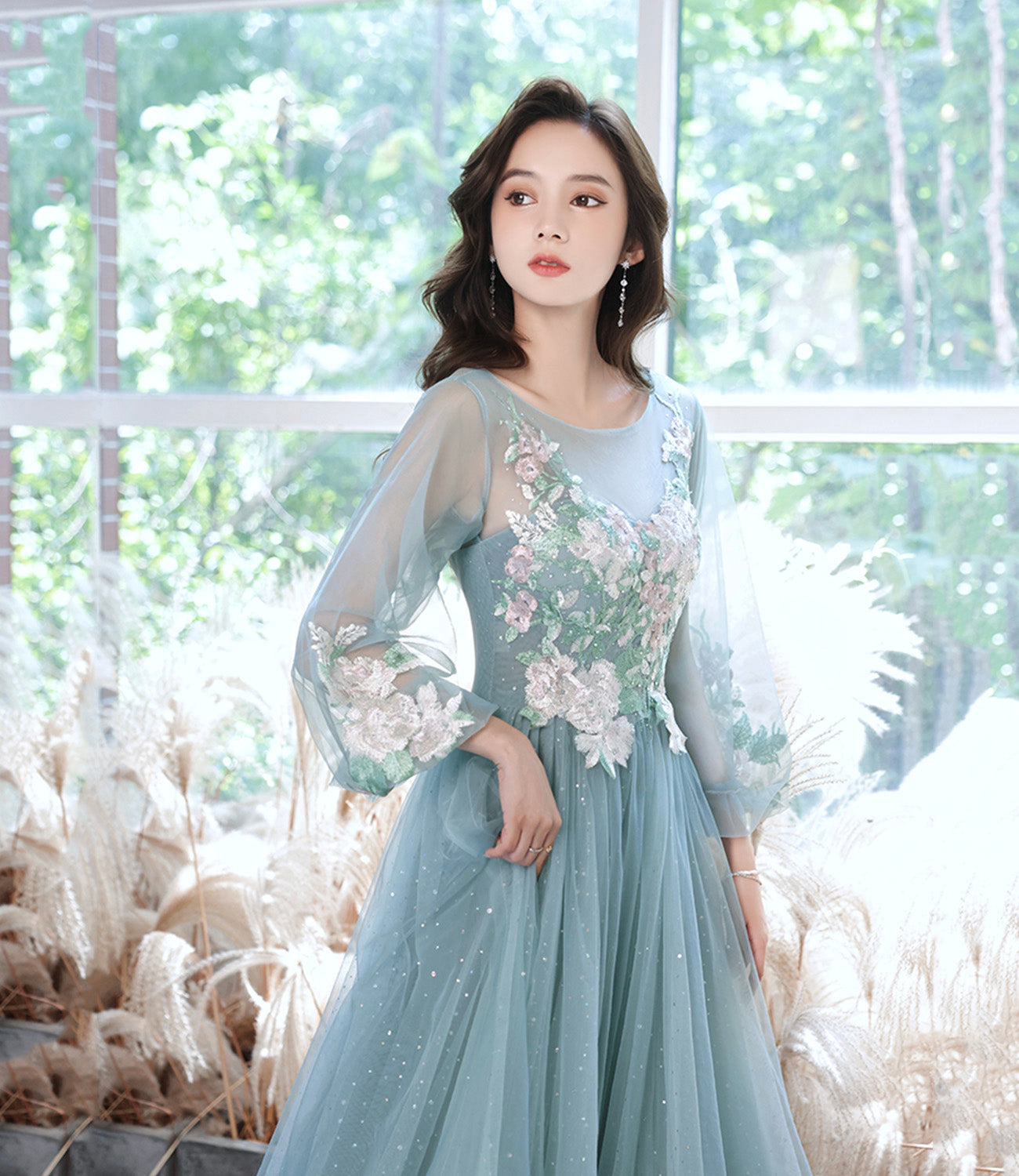 Blue tulle lace long prom gown evening gown  8942