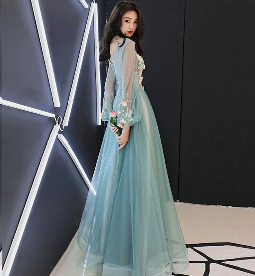 Green lace applique prom dress A line evening dress  8476