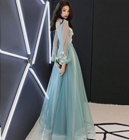 Green lace applique prom dress A line evening dress  8476